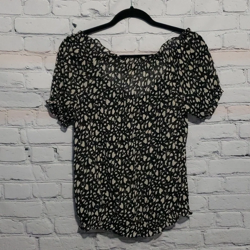Ann Taylor LOFT sheer blouse black white Sz S petite off-shoulder
